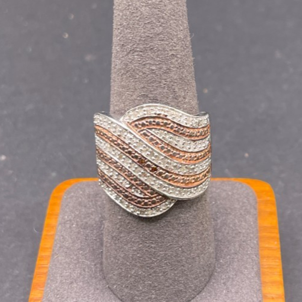 STS Chuck Sterling Silver 925 White & Brown CZ Crossover Wide Band Ring Sz 8.5